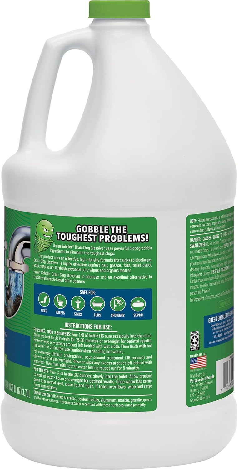 Green Gobbler Drain Clog Remover | Toilet Clog Remover | Dissolve Hair & Organic Materials from Clogged Toilets, Sinks and Drains | Drain Cleaner and Opener, 128 oz