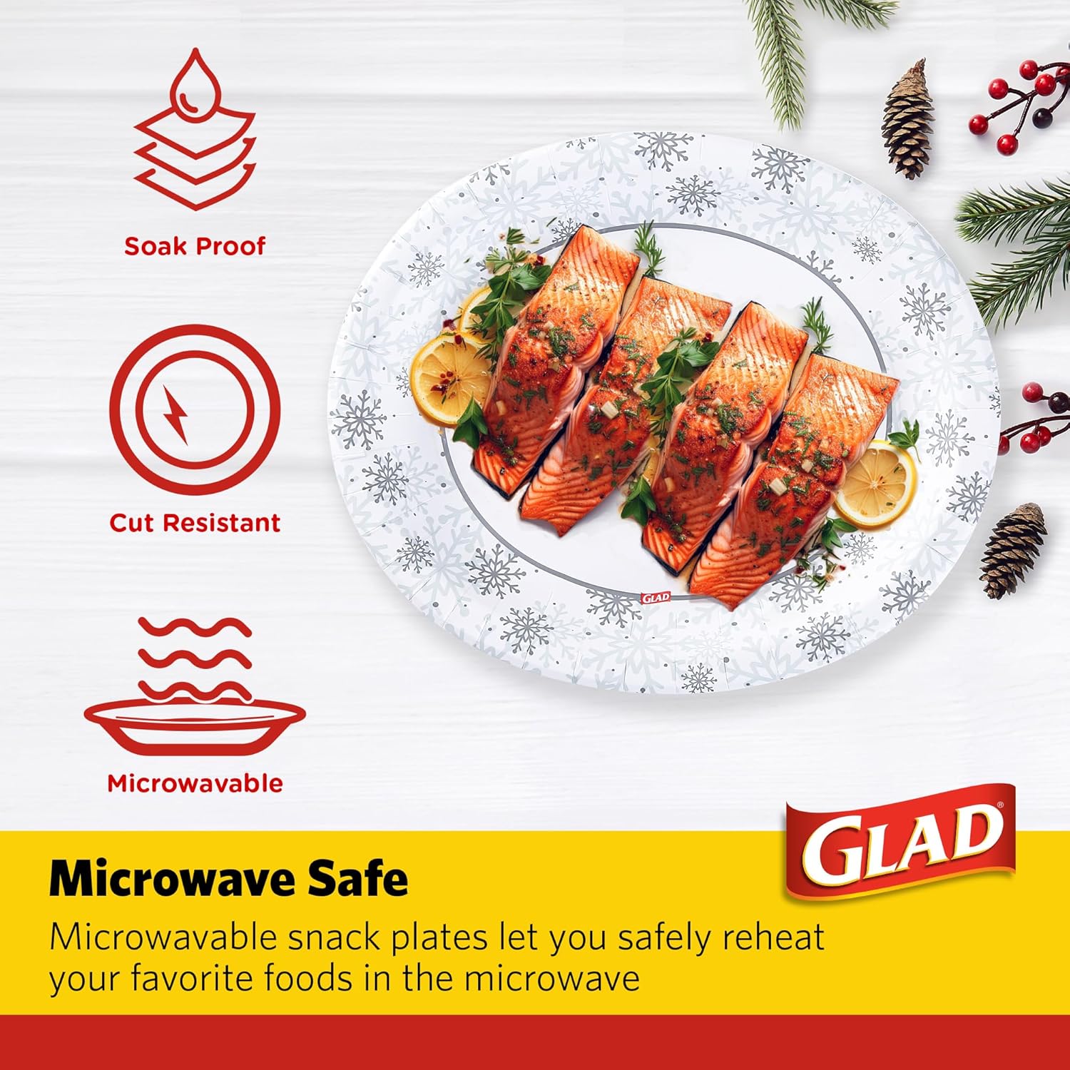 Glad Disposable Holiday Paper Plates, 10 Inch, 20 Count - Red Snowflake Design, Heavy Duty and Microwavable