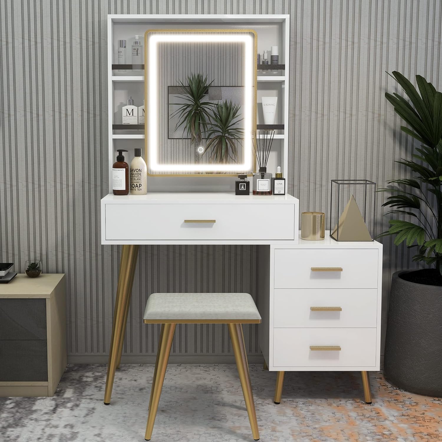 NeuType Vanity Desk with Mirror and Lights, Makeup Vanity with 4 Drawers, Vanity Mirror with Lights and Table Set, 3 Lighting Modes Brightness Adjustable Cushioned Stool, Rectangular Mirror White