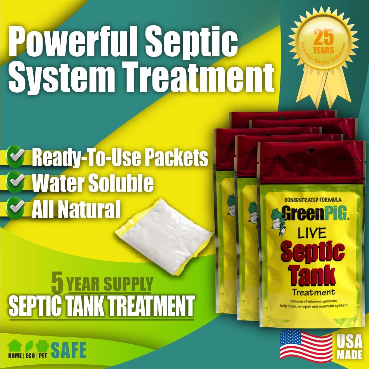 Green Pig 52 Live Septic Tank Treatment Ultimate Solution in Preventing Expensive Backups, Clogs, or Drain Field Failures with 4-Easy Drop-in and Flush, 1-Year Supply- 4 Packets, 4 Count