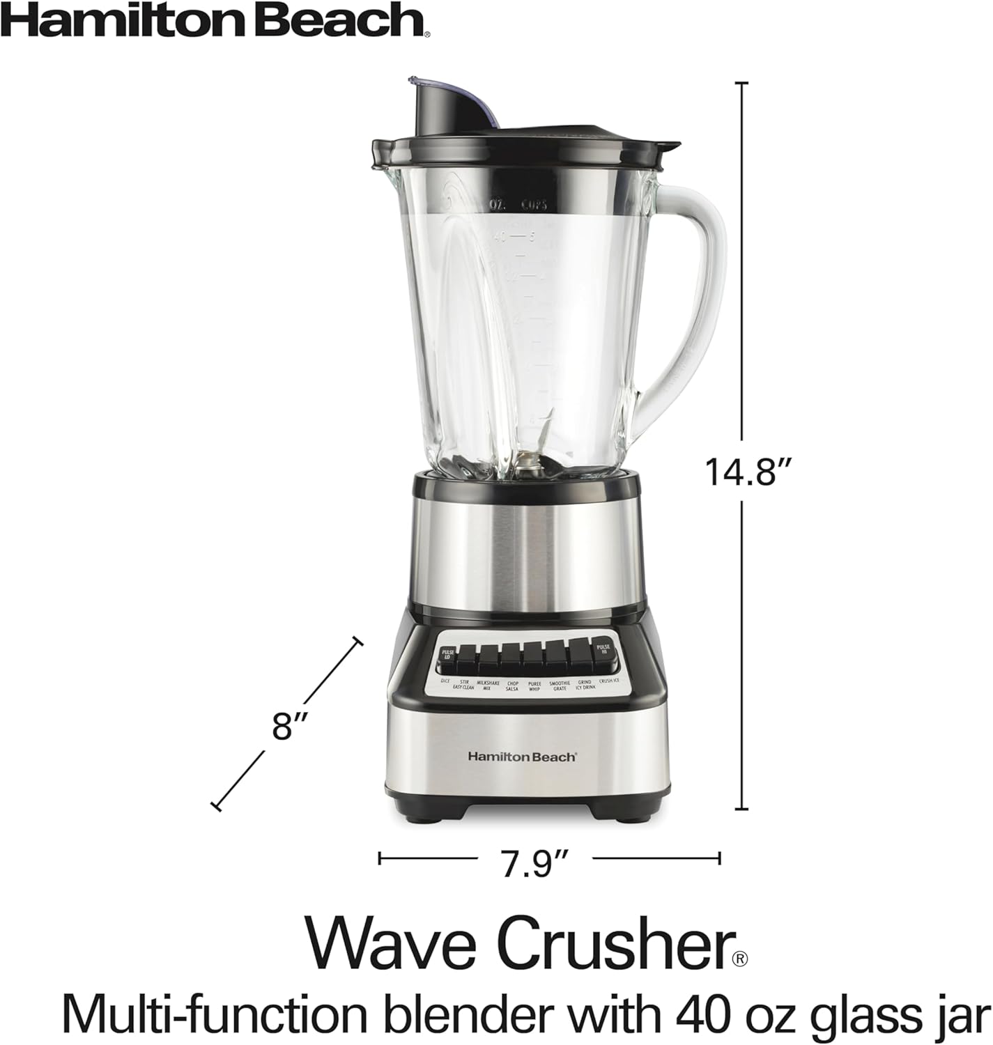 Hamilton Beach Wave Crusher Blender For Shakes and Smoothies With 40 Oz Glass Jar and 14 Functions, Ice Sabre Blades & 700 Watts for Consistently Smooth Results, Black + Stainless Steel (54221)