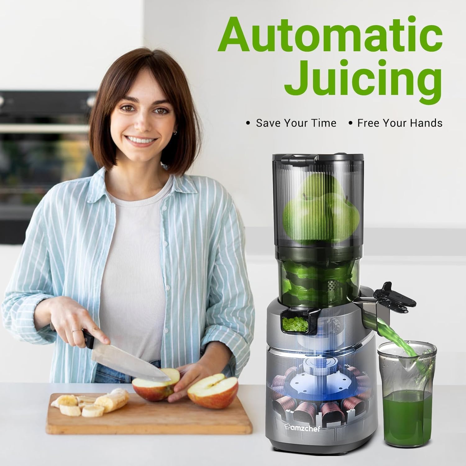 Juicer Machines, AMZCHEF 5.3-Inch Self-Feeding Masticating Juicer Fit Whole Fruits & Vegetables, Cold Press Electric Juicer Machines with High Juice Yield, Easy Cleaning, BPA Free, 250W, Black