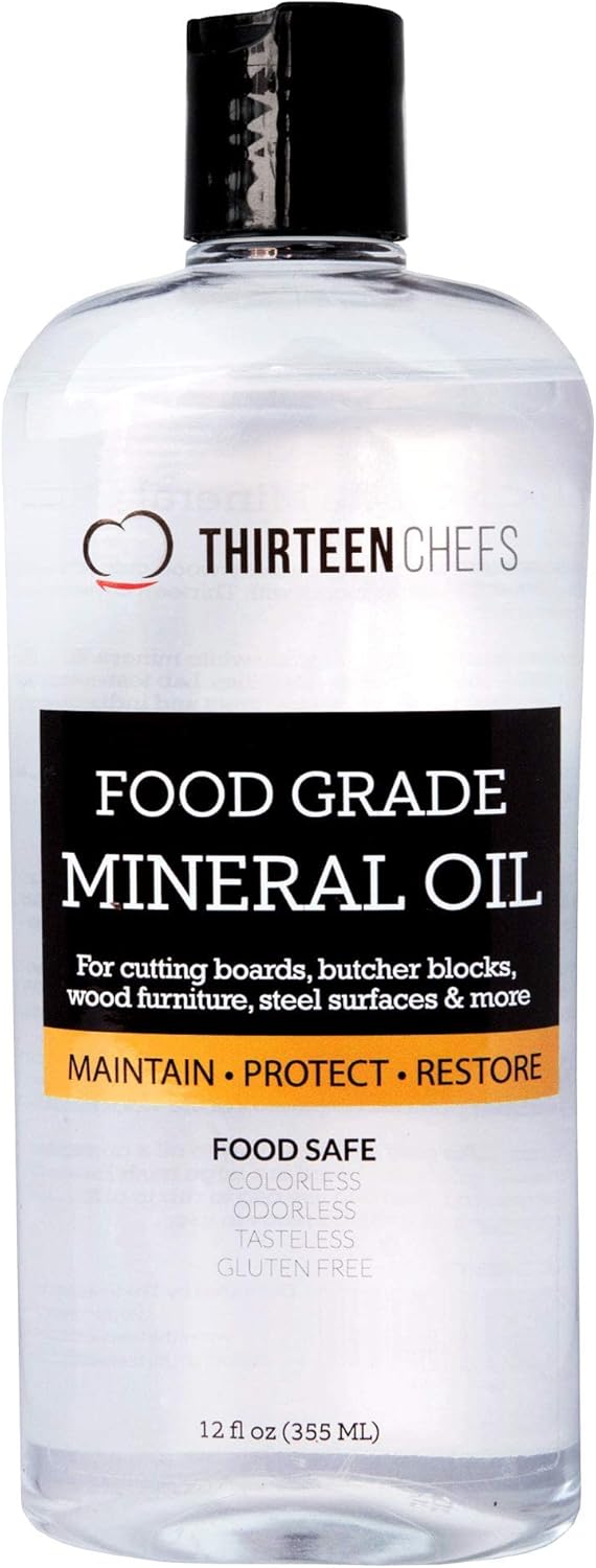 Thirteen Chefs Mineral Oil - 8 oz Food Grade Conditioner for Wood Cutting Board, Countertop & Butcher Block, Lubricant for Knife or Meat Grinder - Safe USP Finish on Marble, Soapstone