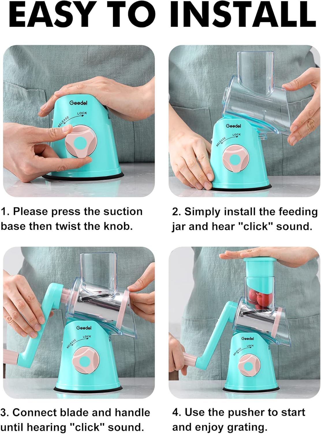 Geedel Rotary Cheese Grater, Kitchen Mandoline Vegetable Slicer with 3 Interchangeable Blades, Easy to Clean Grater for Fruit, Vegetables, Nuts