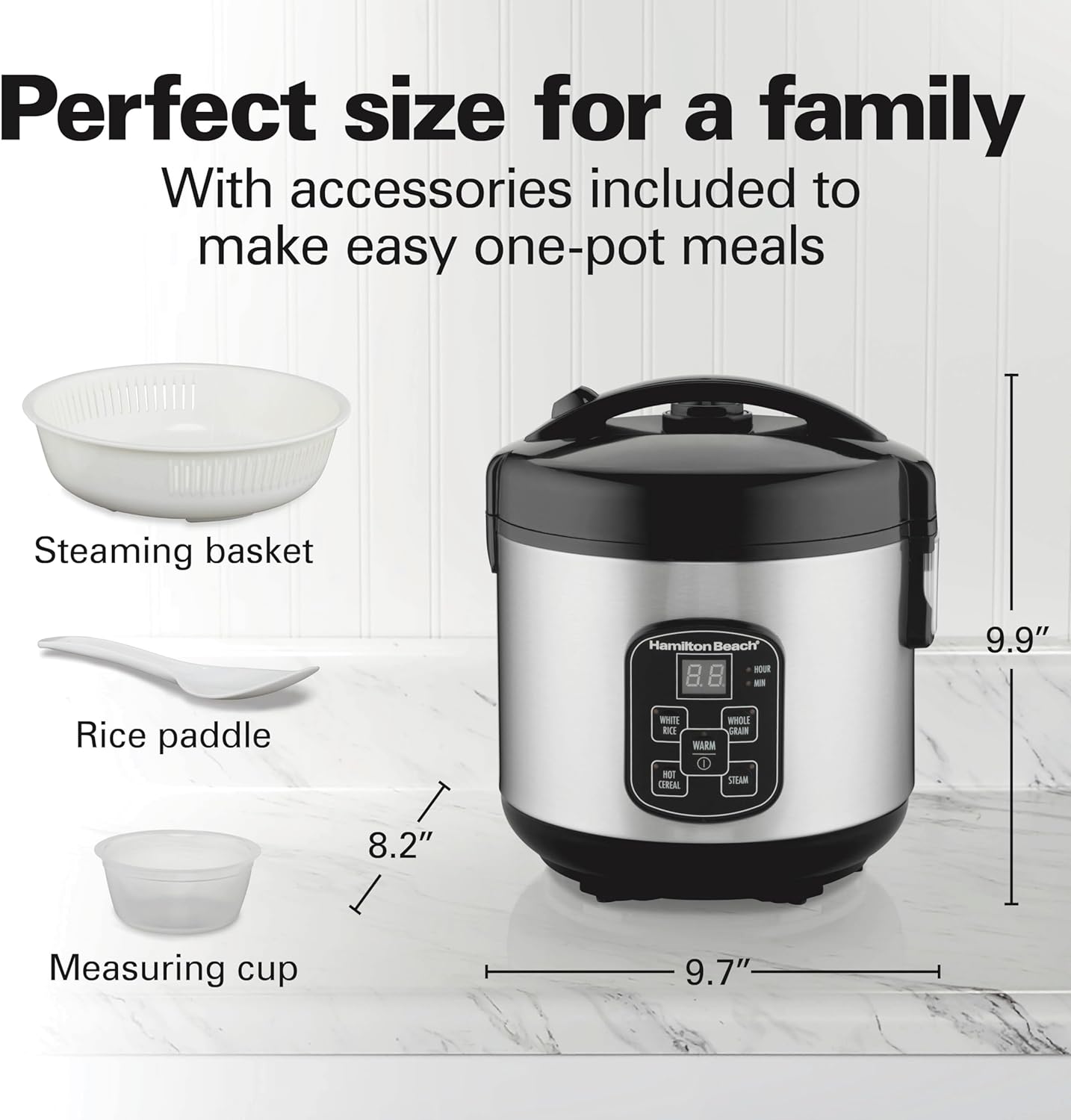 Hamilton Beach Digital Programmable Rice Cooker & Food Steamer, 8 Cups Cooked (4 Uncooked), With Steam & Rinse Basket, Stainless Steel (37518)