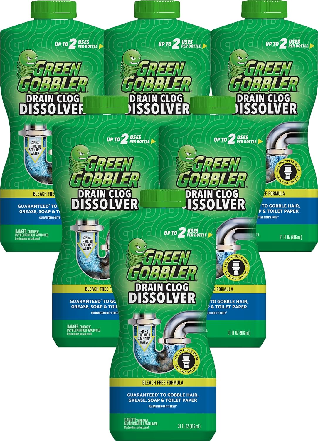 Green Gobbler Liquid Hair Drain Clog Remover & Cleaner, For Toilets, Sinks, Tubs - Septic Safe, 2 Pack