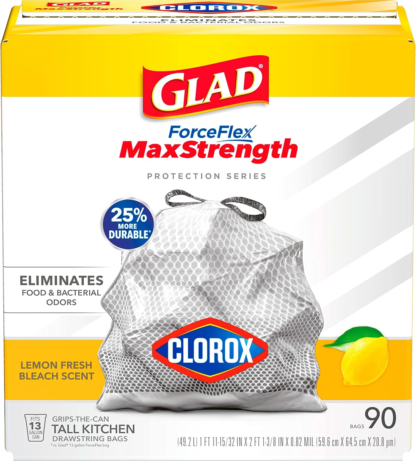 Glad ForceFlex MaxStrength with Clorox Trash Bags, 13 Gal, Lemon Fresh Bleach, 90 Ct, Pack May Vary