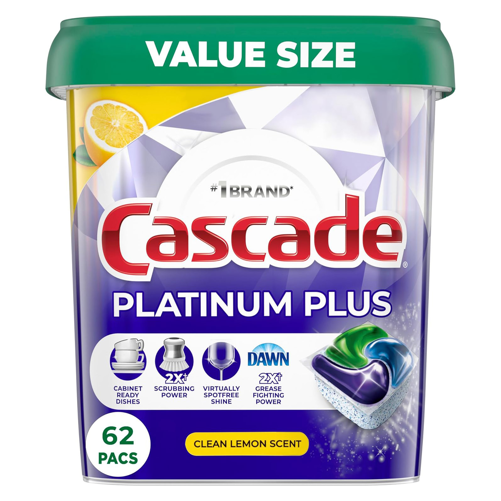 Cascade Platinum Plus Dishwasher Pods, Dish Detergent ActionPacs, Clean Lemon, 62 Count