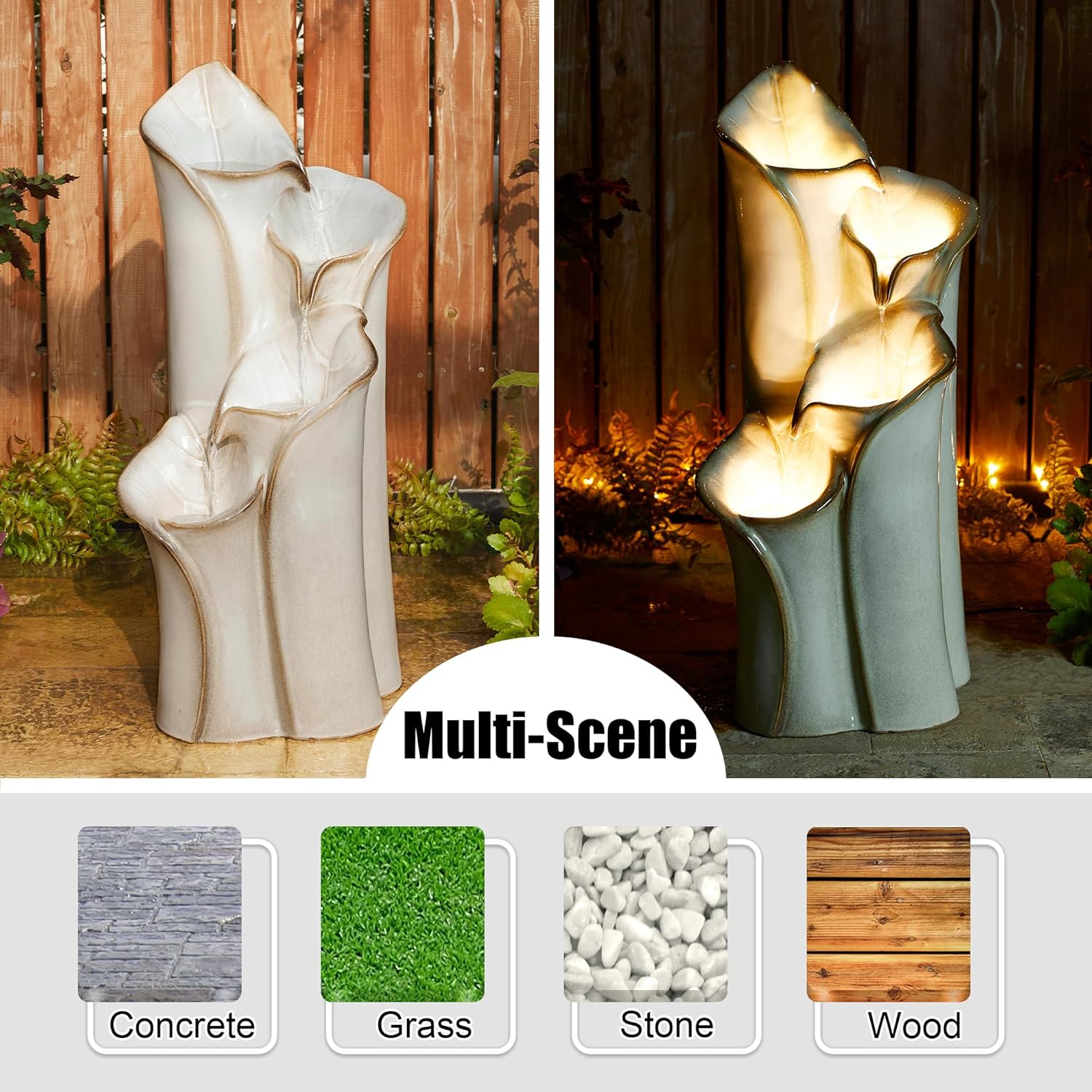 Outdoor Water Fountain with LED Lights and Pump, 4 Tier Dandelion Texture Vase Shaped Ceramic Floor Standing Fountain with Birds for Porch Deck Garden Patio Backyard, Turquoise