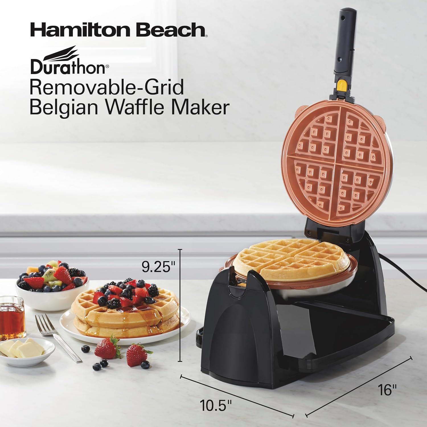 Hamilton Beach Belgian Waffle Maker with Removable PFAS-Free Durathon Nonstick Coated Plates, Easy Flip, Ceramic Grids, Black (26031)