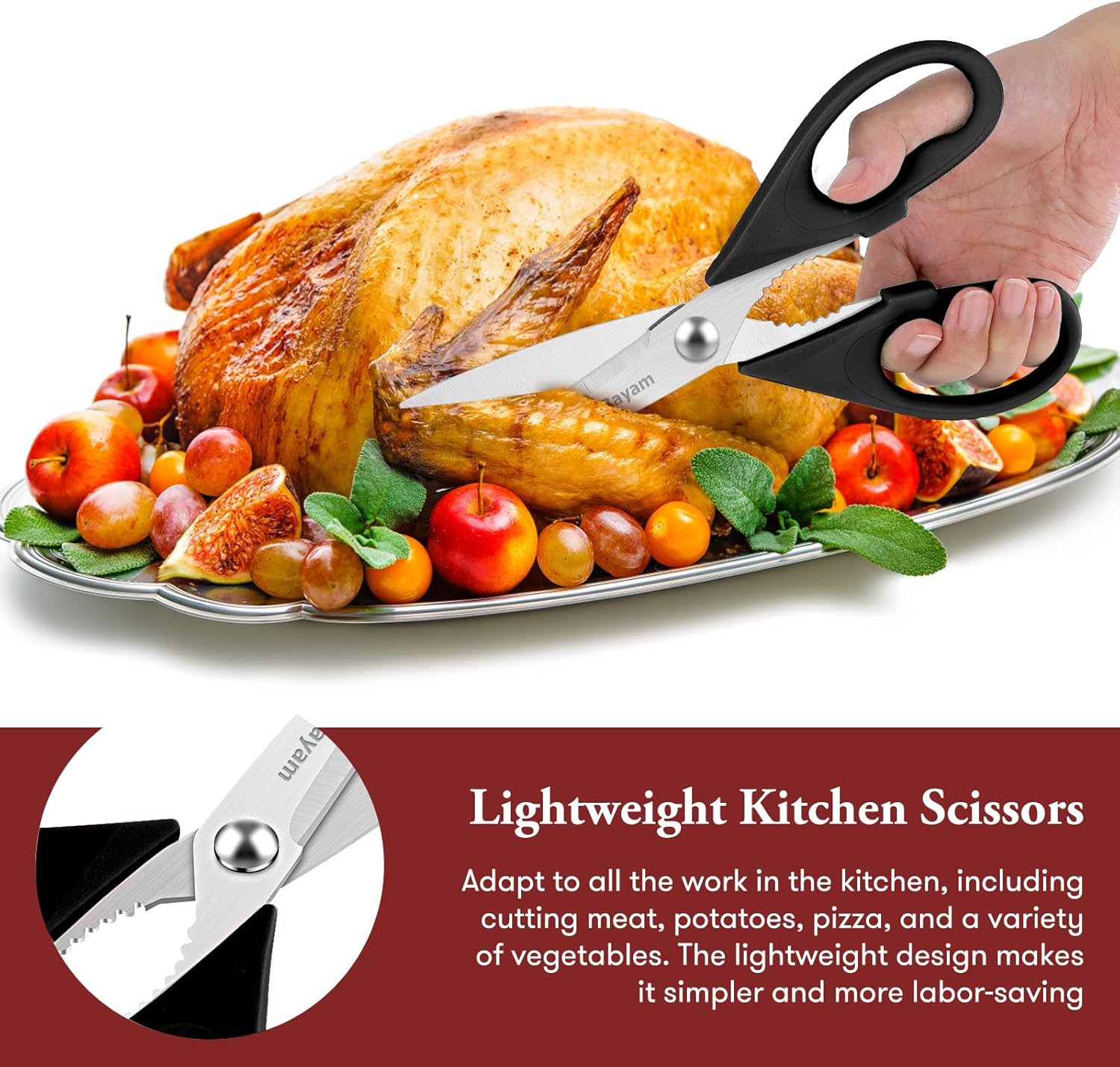 iBayam Kitchen Scissors All Purpose Heavy Duty Meat Poultry Shears, Dishwasher Safe Food Cooking Scissors Stainless Steel Utility Scissors, 2-Pack (Black Red, Black Gray)