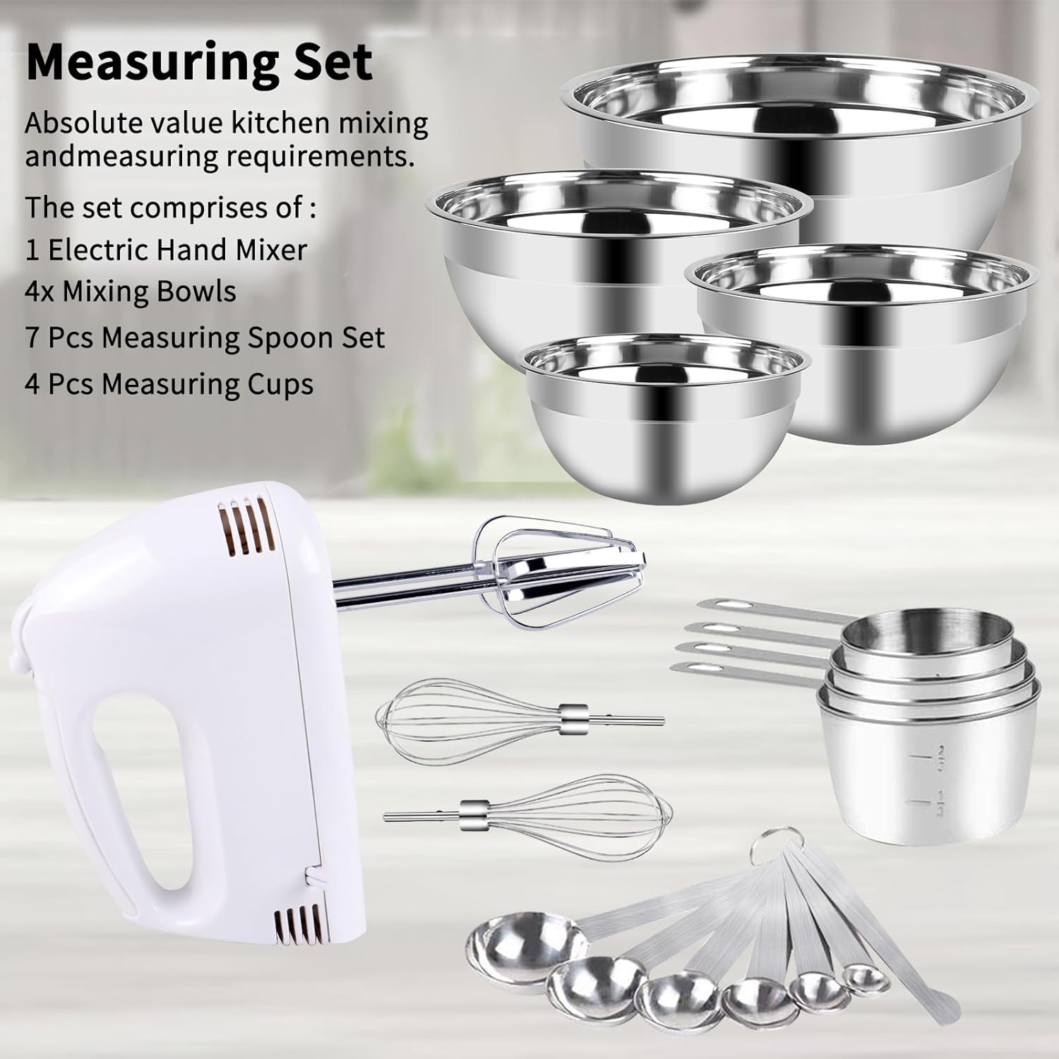 Hand Mixer Electric Mixing Bowls Set, 5 Speeds Handheld Mixer with 4 Nesting Stainless Steel Mixing Bowl, Measuring Cups Spoons 200W Kitchen Blender Whisk Beater Baking Supplies For Beginner
