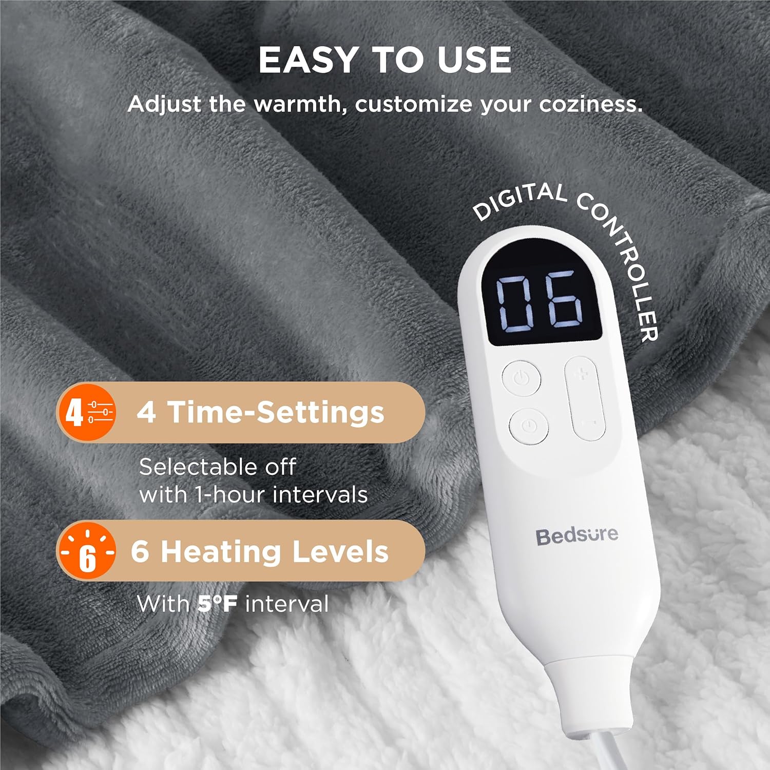 Bedsure Heated Blanket Electric Throw - Soft Flannel Electric Blanket, Heating Blanket with 4 Time Settings & 6 Heat Settings, Warm Blanket Gift for Grandma (50x60 inches, Grey)