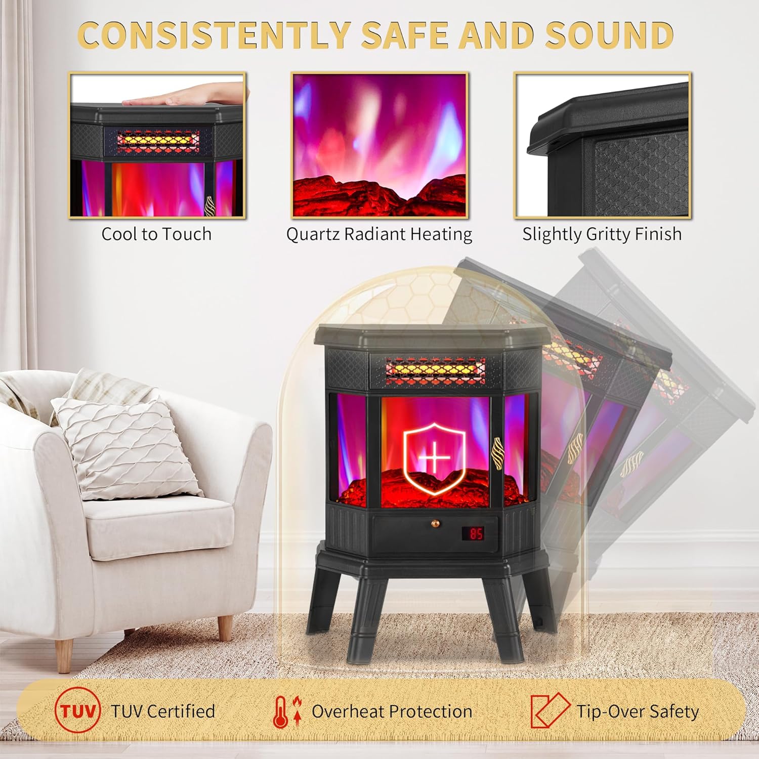 RealSmart Electric Fireplace Heater 22 in Freestanding Fireplace Stove Infrared Fireplace with 3D Flame Effect Remoted Control, Timer, Overheating Protection (Gray)