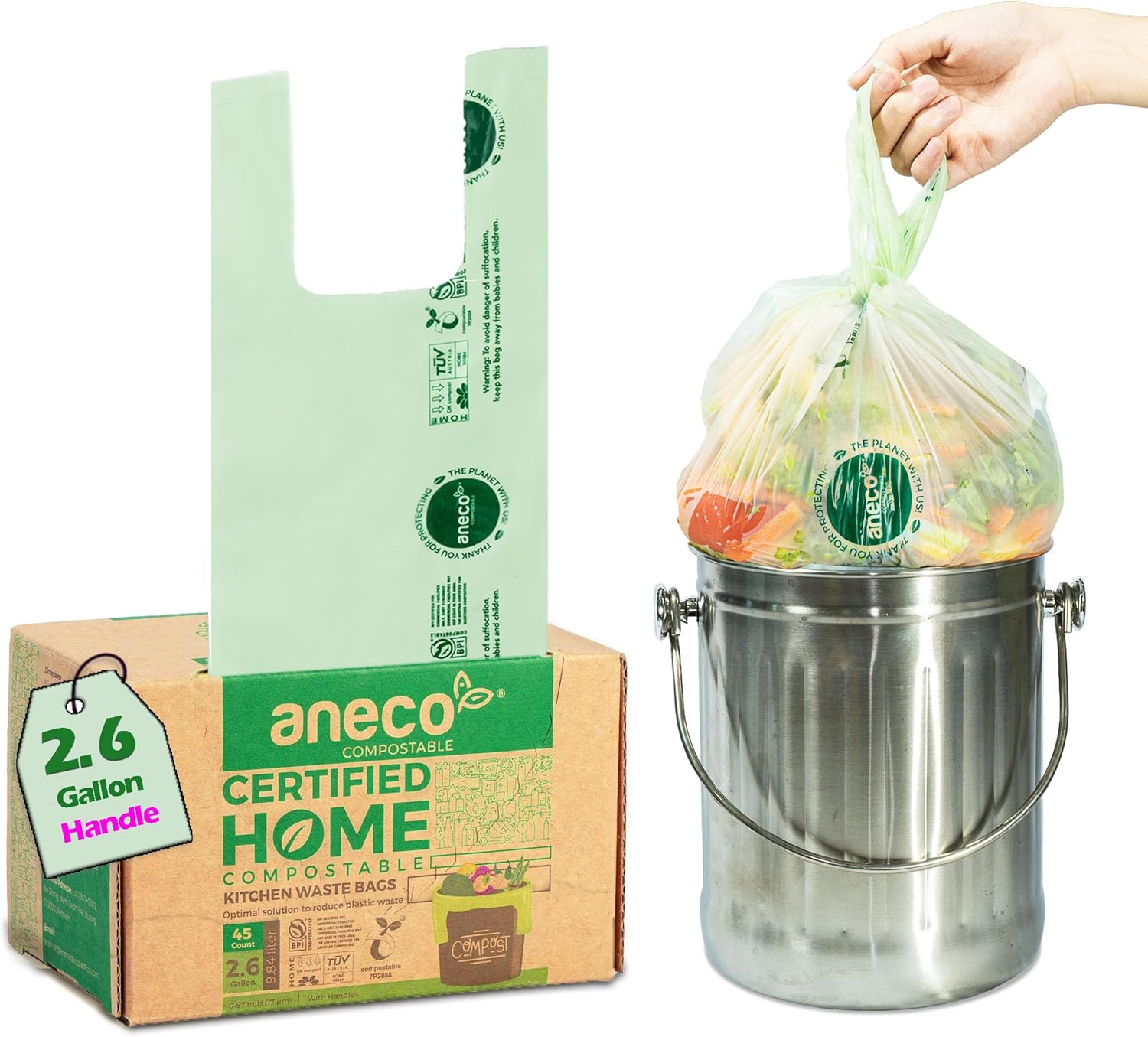 ANECO 100% Compostable Waste Bags 2.6 Gallon, Extra Thick Kitchen Small Compost Bags for Countertop Bin (100 Count)