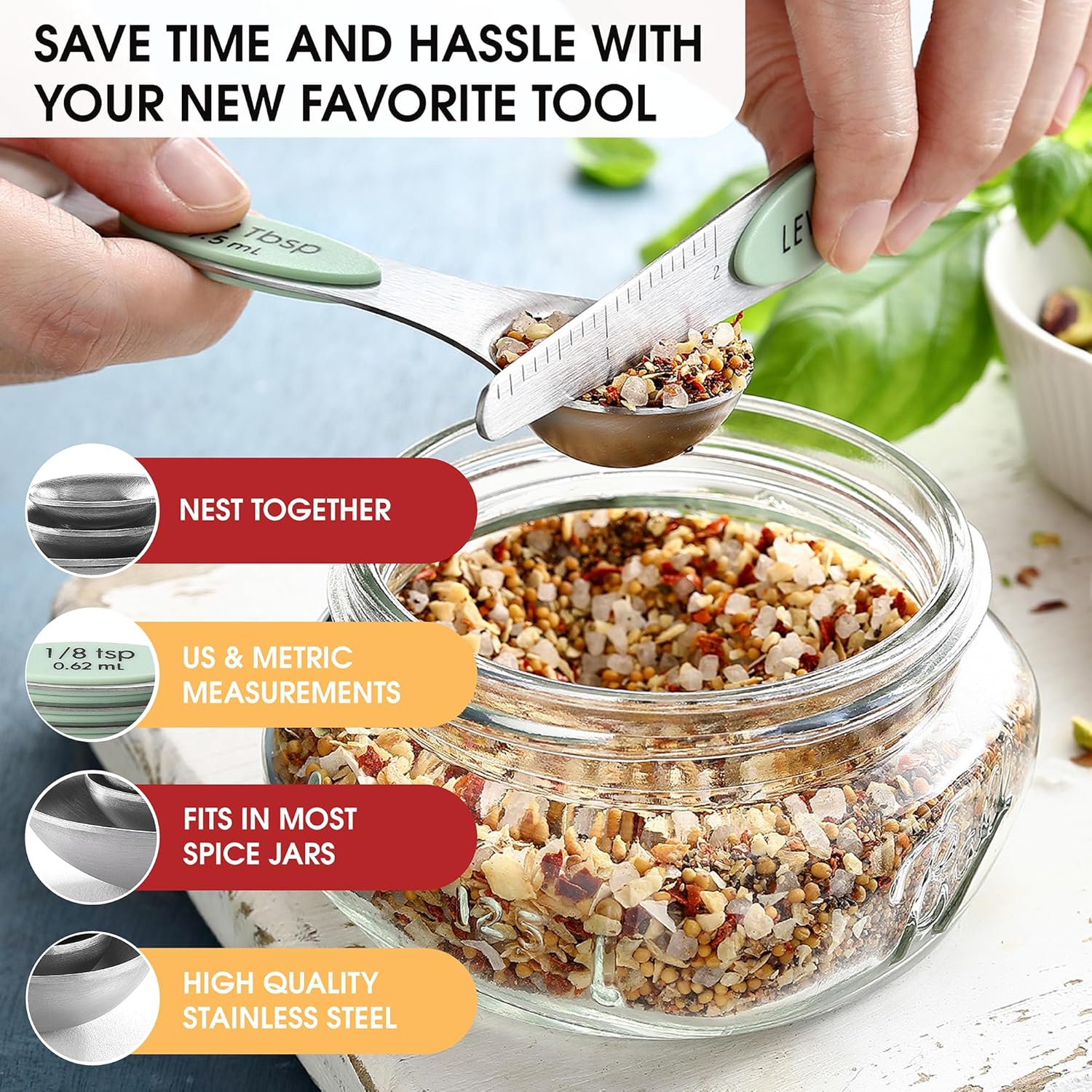 Spring Chef Magnetic Measuring Spoons Set with Strong N45 Magnets, Heavy Duty Stainless Steel Metal, Fits in Most Kitchen Spice Jars for Baking & Cooking, BPA Free, Black, Set of 8 with Leveler