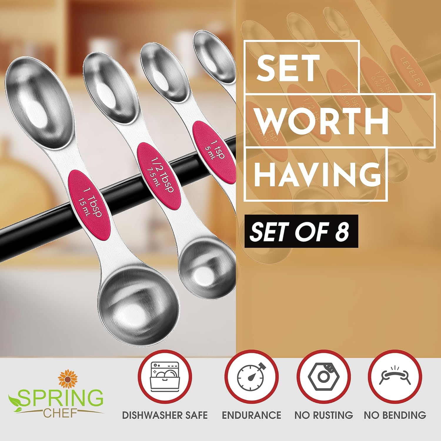 Spring Chef Magnetic Measuring Spoons Set with Strong N45 Magnets, Heavy Duty Stainless Steel Metal, Fits in Most Kitchen Spice Jars for Baking & Cooking, BPA Free, Black, Set of 8 with Leveler