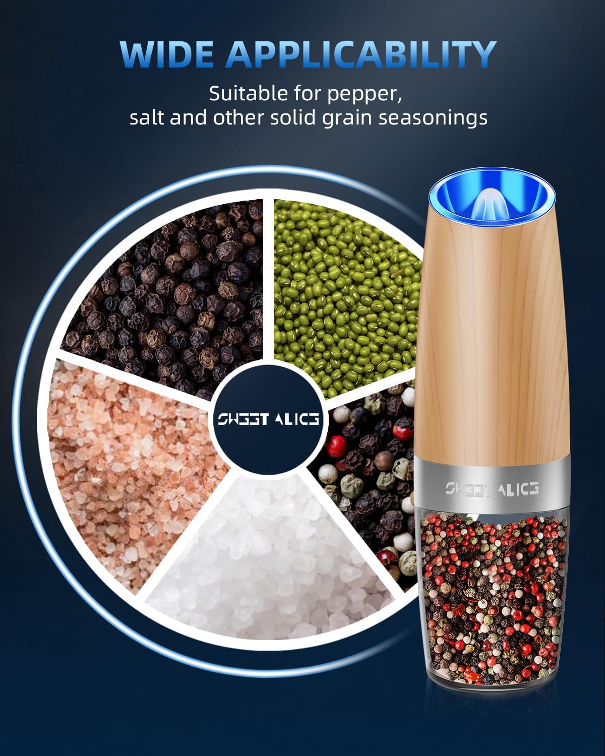 Sweet Alice Gravity Electric Pepper and Salt Grinder Set, Adjustable Coarseness, Battery Powered with LED Light, One Hand Automatic Operation, Stainless Steel Black, 2 Pack