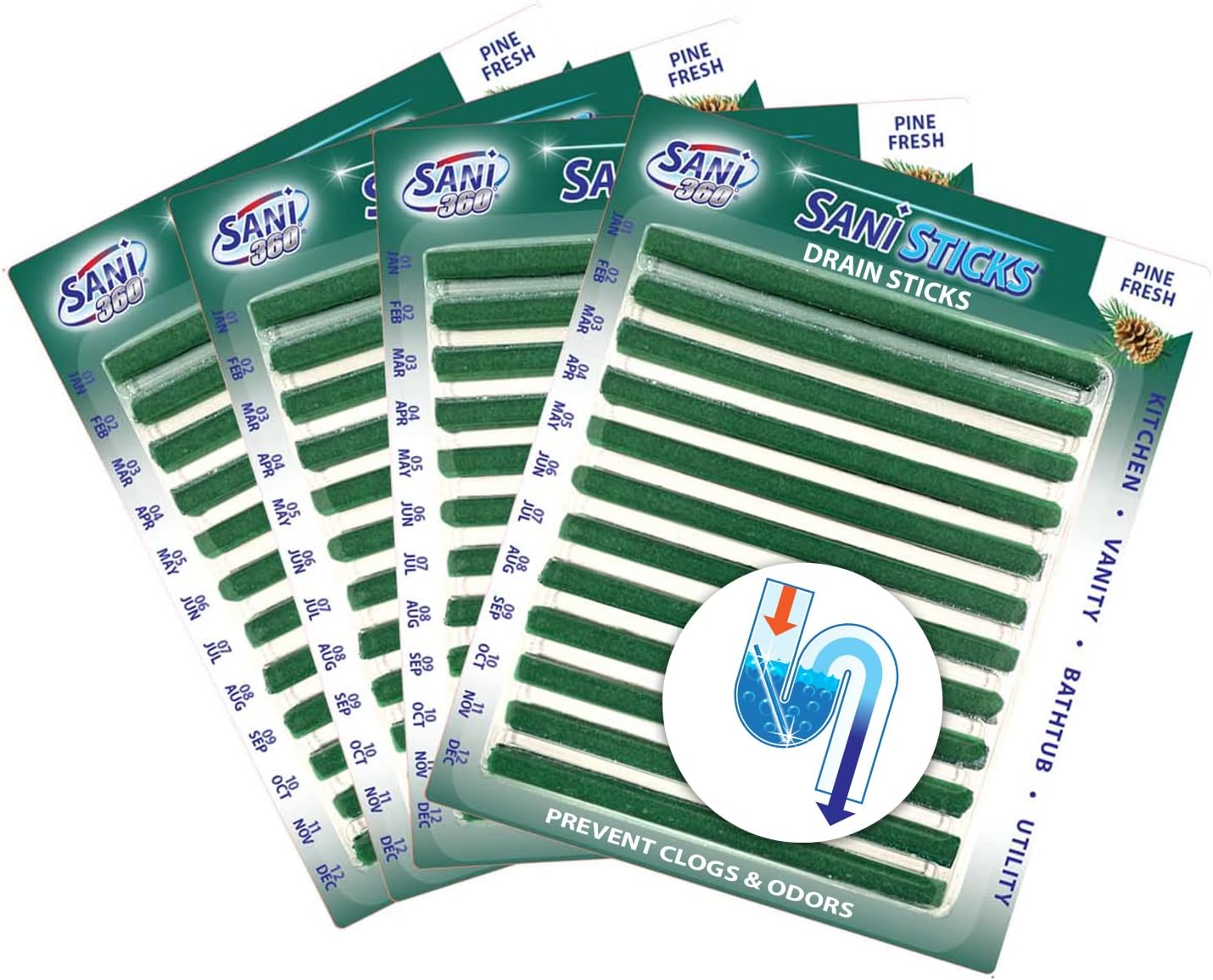 SANI 360° Sani Sticks Drain Cleaner and Deodorizer, Enzyme Pipe Cleaners, Eliminate Odors, Prevent Clogged Drains, Safe for Sinks, Bathtub Drains, Septic Tanks, 24 Count, Lemon Scent