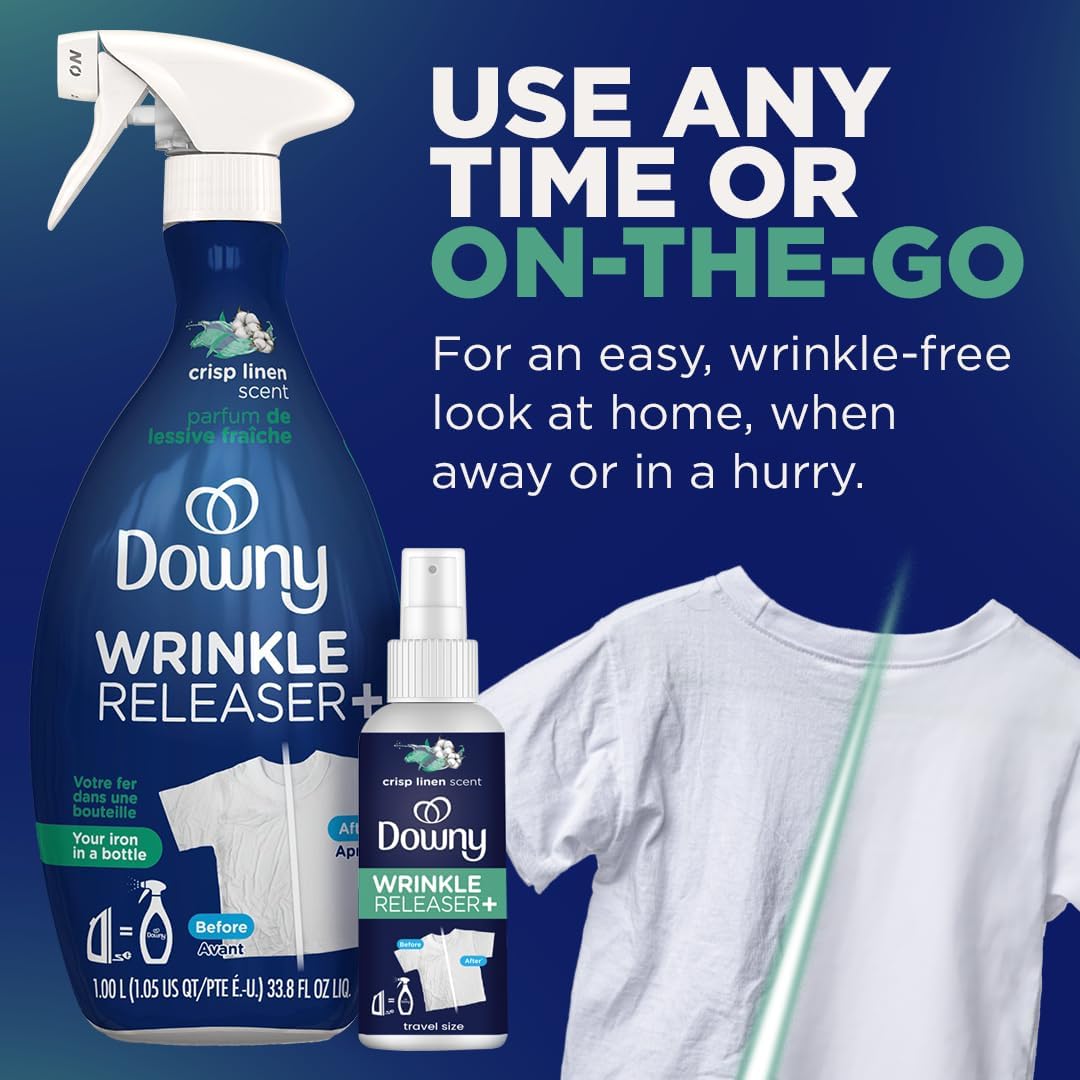 Downy Wrinkle Releaser Spray | All In One Wrinkle Release Spray, Odor Eliminator, Static Remover | Fabric Refresher & Ironing Aid for Clothes | 16.9 Fl Oz (Pack of 2) & 3 FL Oz, Crisp Linen Scent