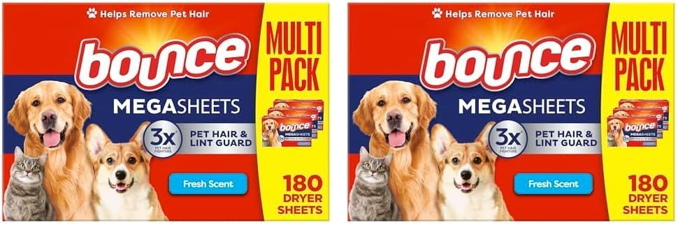 Bounce Pet Hair and Lint Guard Mega Fabric Softener Dryer Sheets with 3X Pet Hair Fighters, Fresh Scent, 180 Count, Bounce Dryer Sheets, Pet Hair Remover for Laundry