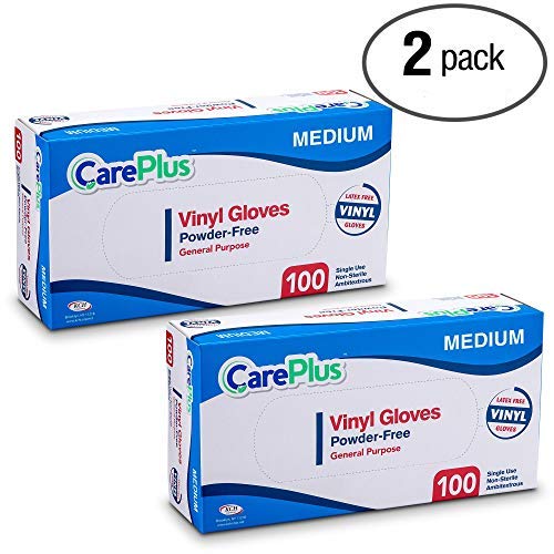 Care Plus Medium Size Disposable Vinyl Gloves Heavy Duty Non Sterile Powder Free Latex Free Rubber 100 Count Box food Safe