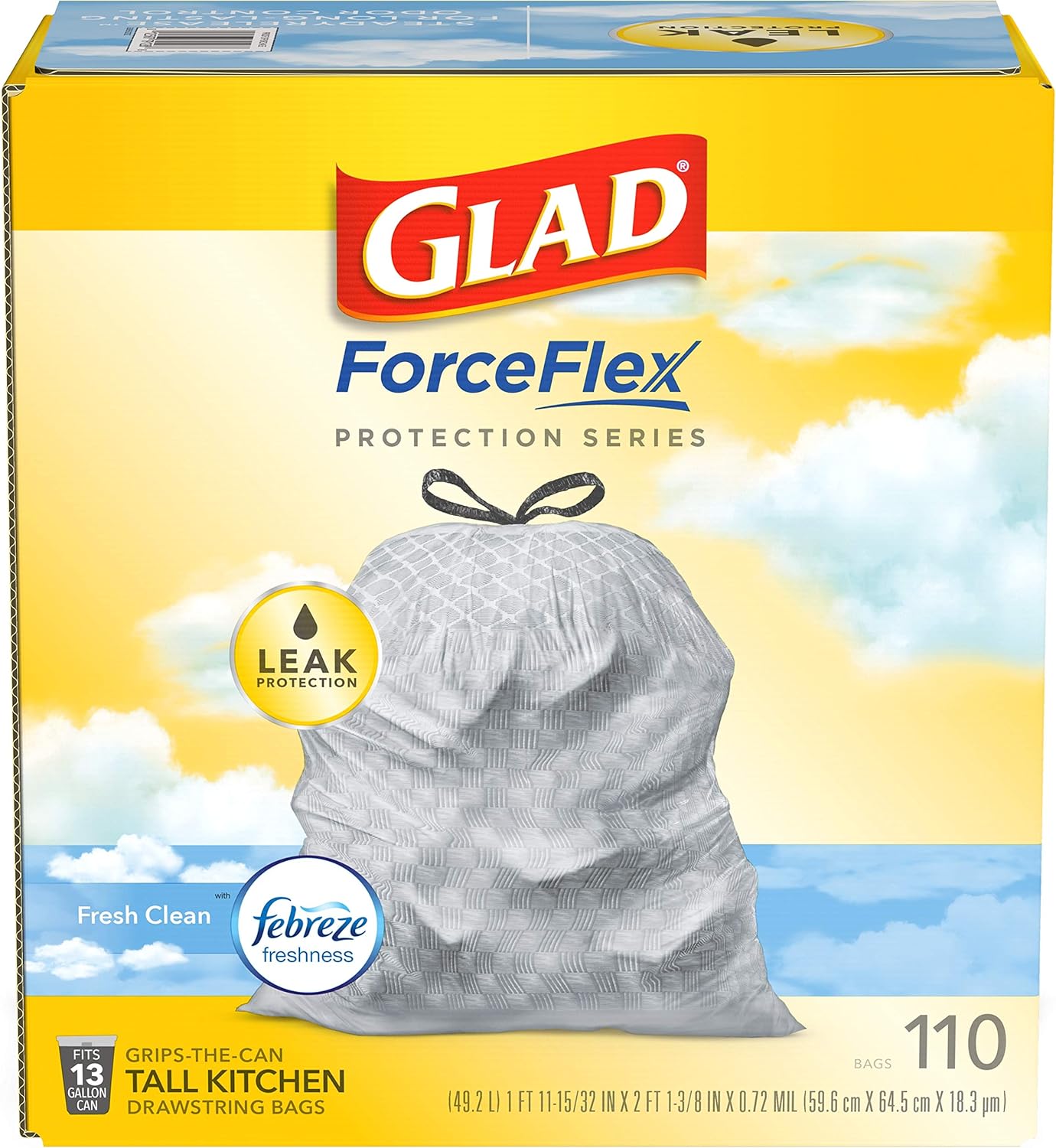 Glad Trash Bags, ForceFlex Tall Kitchen Drawstring Garbage Bags, 13 Gal, Fresh Clean Scent with Febreze, 110 Ct (Packaging May Vary)