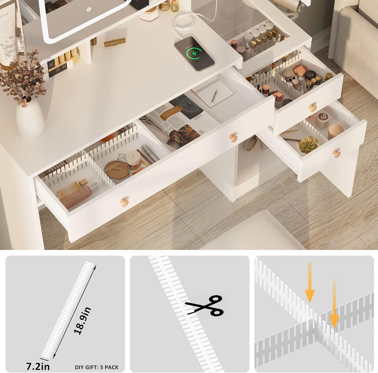 Vanity Desk with Mirror and Lights, Glass Top Vanity Table Makeup Vanity with Lights and Charging Station & Sliding Door, Glass Top Vanity with 3 Drawers and Jewelry Cabinet, 42.8inch