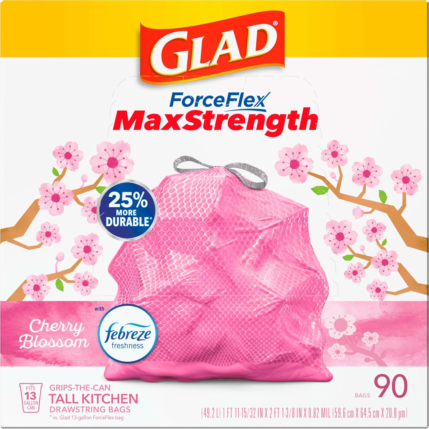 Glad ForceFlex MaxStrength with Clorox Trash Bags, 13 Gal, Lemon Fresh Bleach, 90 Ct, Pack May Vary