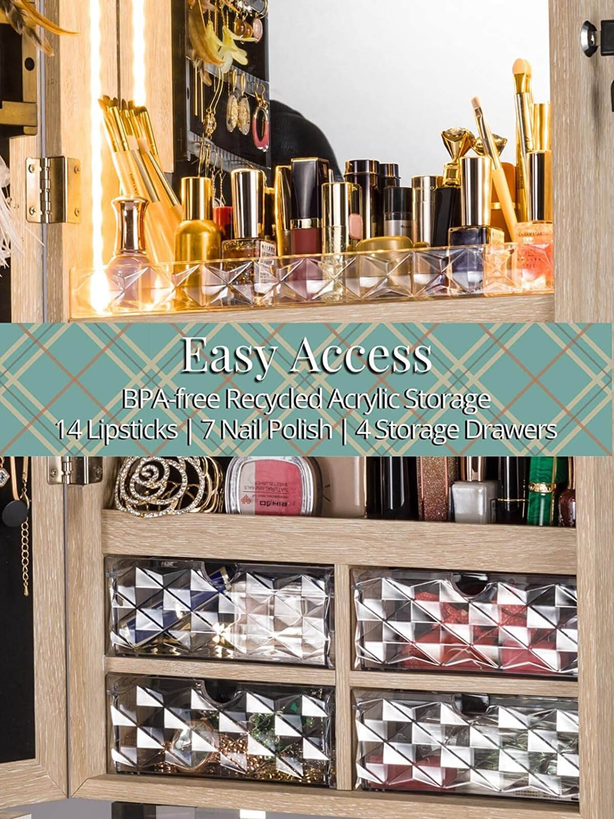 Stella 6 Standing Jewelry Armoire Full Length Mirror With Built-in Lights – Natural