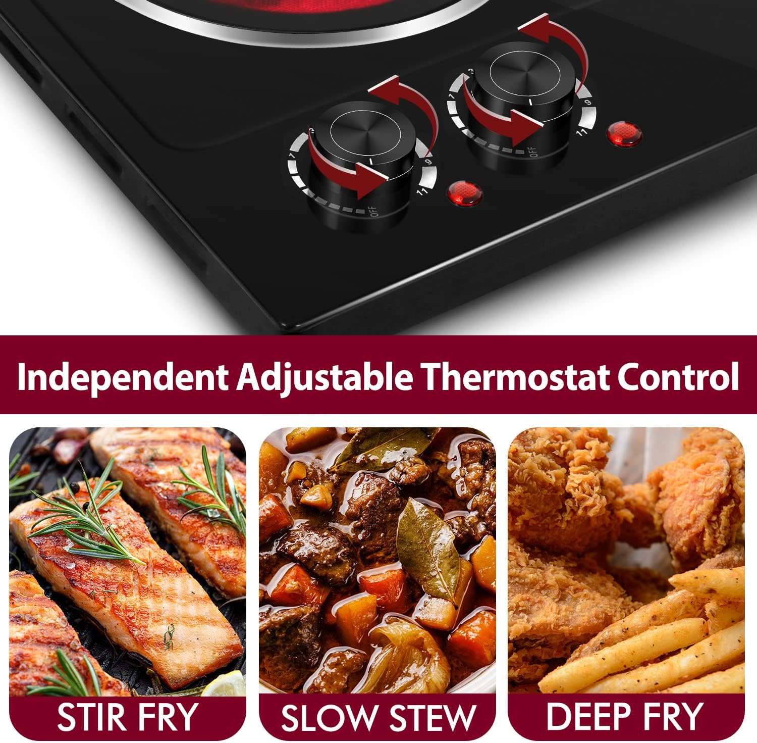 CUSIMAX 1800W Ceramic Electric Hot Plate for Cooking, Dual Control Infrared Cooktop, Double Burner, Portable Countertop Burner, Glass Plate Electric Cooktop, Silver, Stainless Steel-Upgraded Version