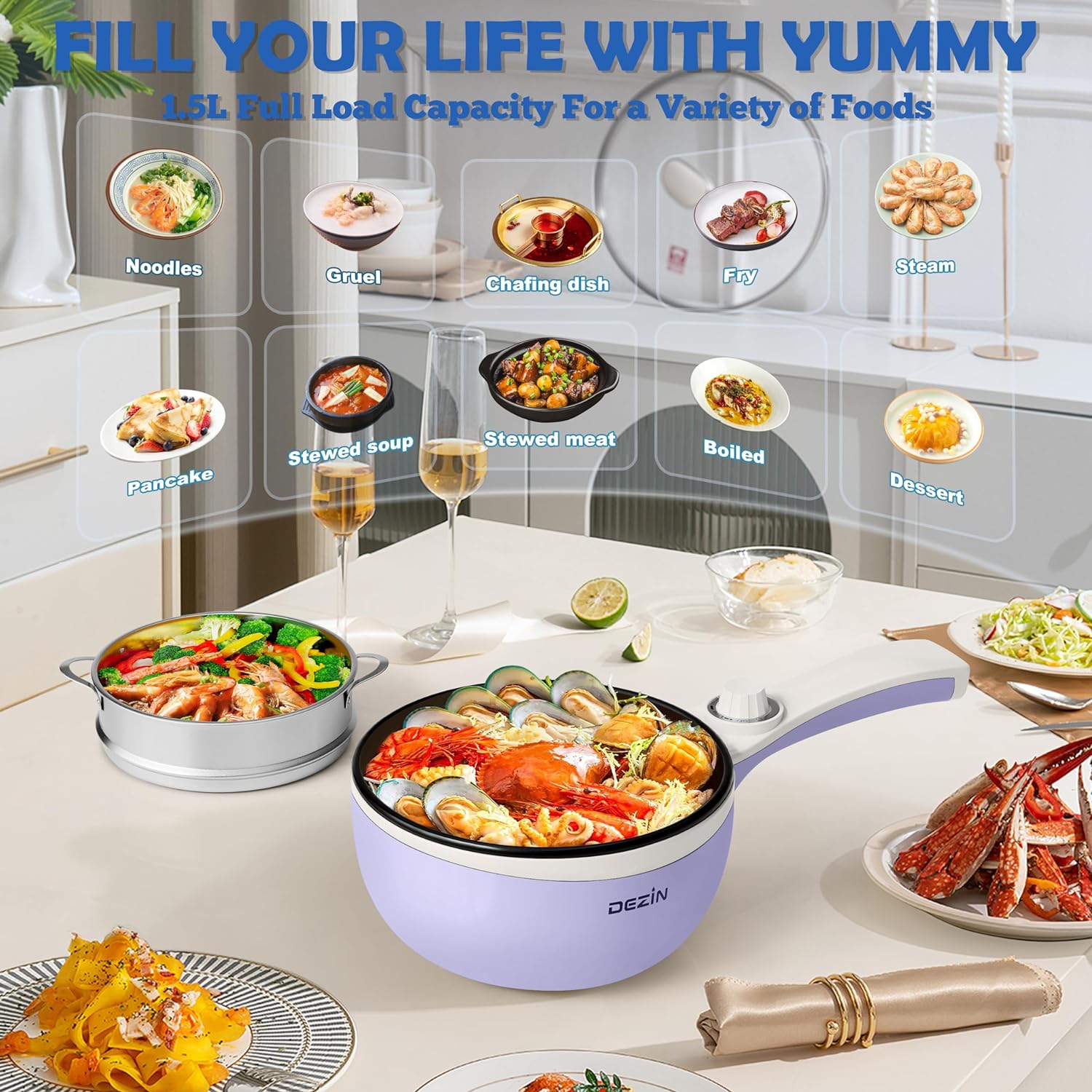 Dezin Hot Pot Electric Upgraded, Non-Stick Sauté Pan, Rapid Noodles Electric Pot, 1.5L Mini Portable Hot Pot for Steak, Egg, Fried Rice, Ramen, Oatmeal, Soup with Power Adjustment(Egg Rack Included)