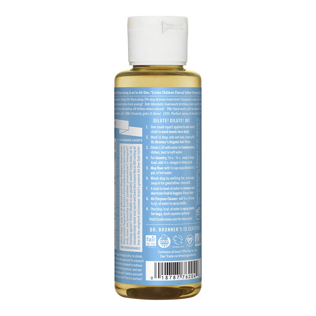 Dr. Bronner's - Pure-Castile Liquid Soap (Baby Unscented, 8 Ounce) - Made with Organic Oils, 18-in-1 Uses: Face, Hair, Laundry, Dishes, For Sensitive Skin, Babies, No Added Fragrance, Vegan, Non-GMO