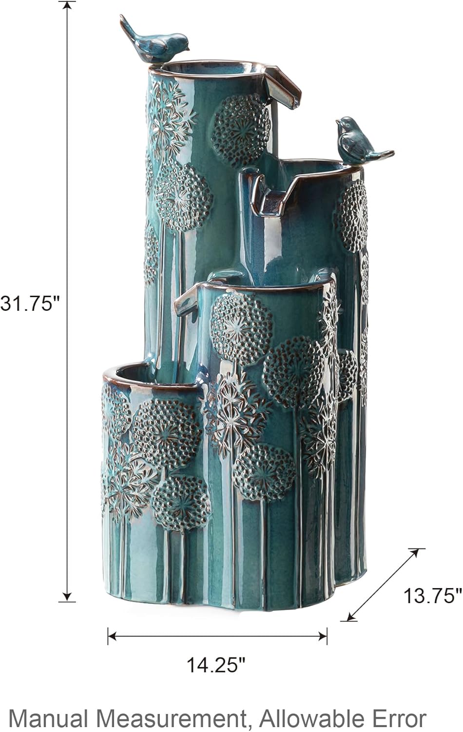 Outdoor Water Fountain with LED Lights and Pump, 4 Tier Dandelion Texture Vase Shaped Ceramic Floor Standing Fountain with Birds for Porch Deck Garden Patio Backyard, Turquoise