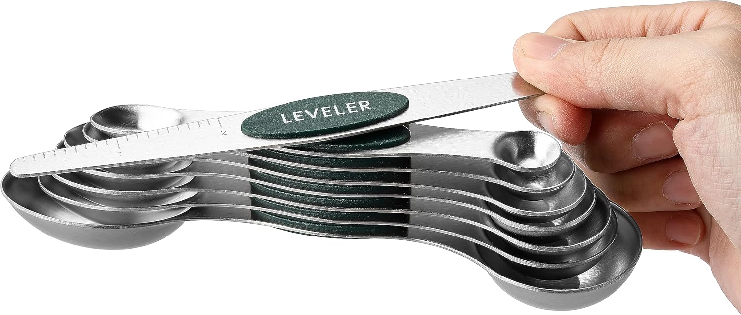 Spring Chef Magnetic Measuring Spoons Set with Strong N45 Magnets, Heavy Duty Stainless Steel Metal, Fits in Most Kitchen Spice Jars for Baking & Cooking, BPA Free, Black, Set of 8 with Leveler