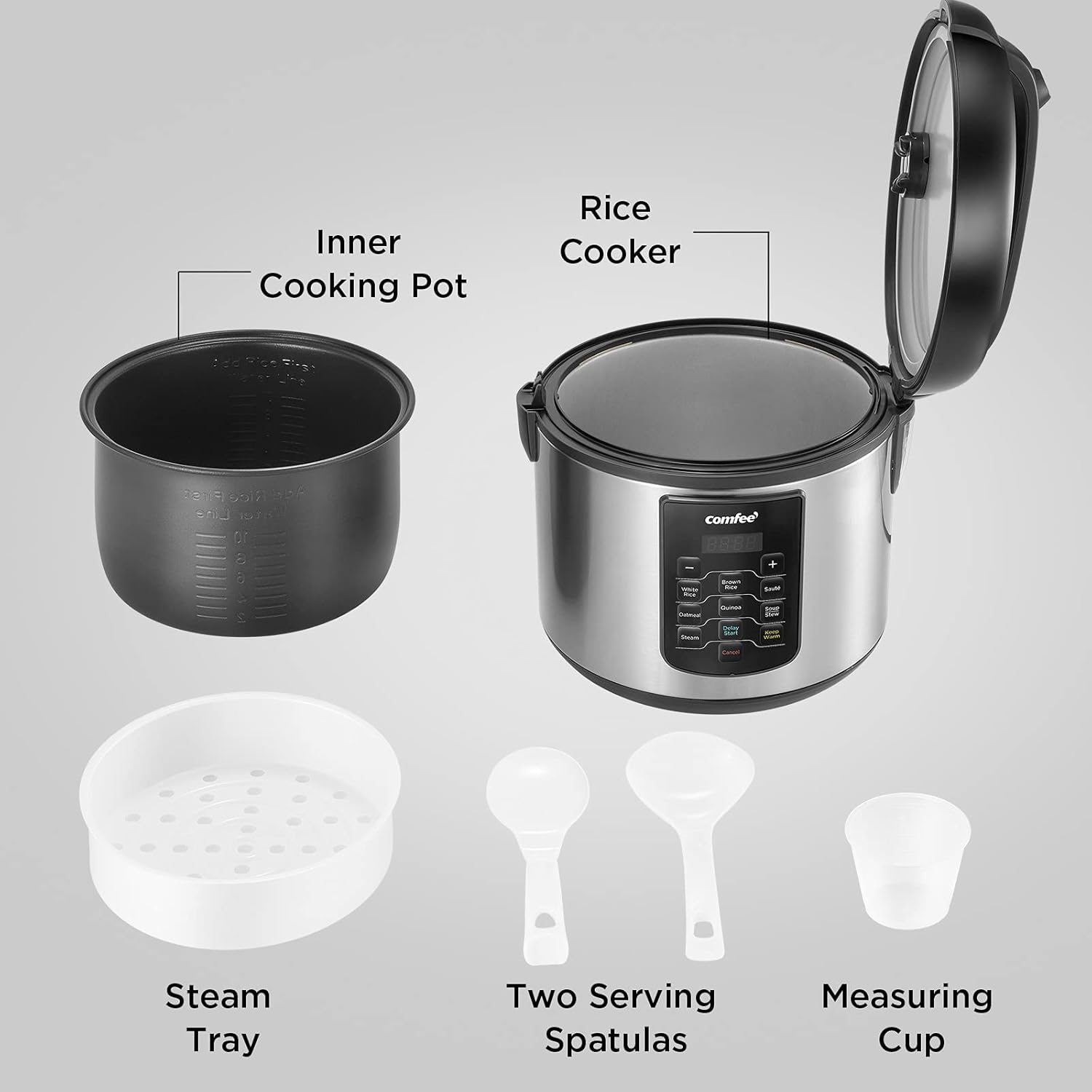 COMFEE' Compact Rice Cooker, 6-in-1 Stainless Steel Multi Cooker, Slow Cooker, Steamer, Saute, and Warmer, 2 QT, 8 Cups Cooked(4 Cups Uncooked), Brown Rice, Quinoa and Oatmeal, 6 One-Touch Programs