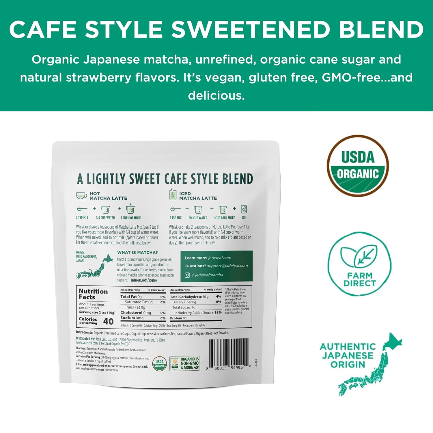 Jade Leaf Matcha Organic Café Style Sweetened Matcha Latte Premium Barista Crafted Mix - Original - Authentically Japanese (5.3 Ounce Pouch)