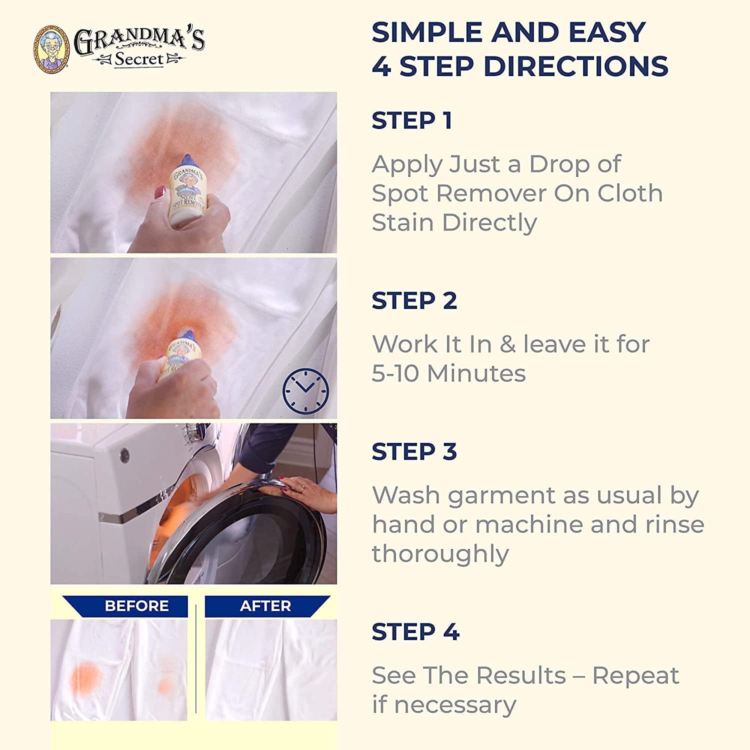 Grandma's Secret Spot Remover Laundry Spray - Chlorine, Bleach and Toxin-Free Fabric Stain Remover for Clothes - Removes Oil, Paint, Blood and Pet Stains - 16 Oz, 2 Pack