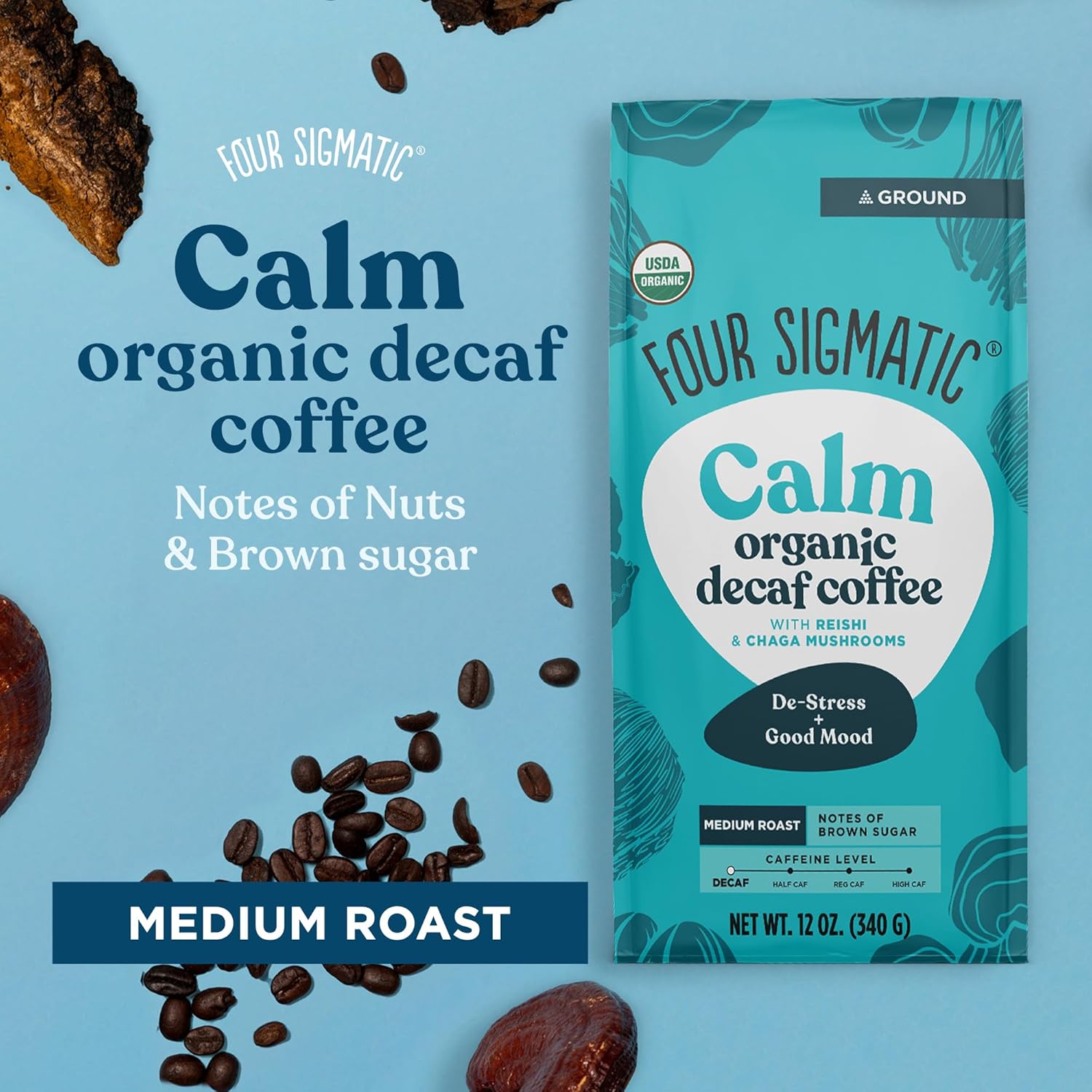 Four Sigmatic Think Mushroom Coffee | Organic Ground Coffee with Lion's Mane Mushroom and Chaga Mushroom | Nootropic Mushroom Coffee for Better Focus and Immune Support | 12oz Bag