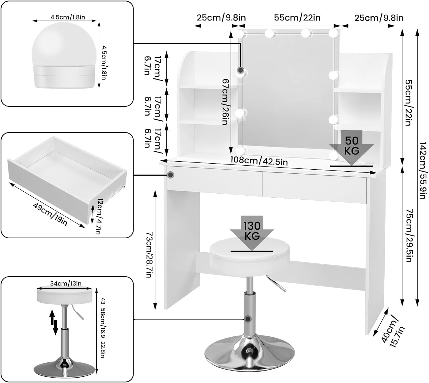 WOLTU MB6106ws Dressing Table with LED Lighting and Stool, Dressing Table with 2 Drawers, 4 Shelves, 108 x 40 x 142 cm, Height-Adjustable Chair, Wooden Cosmetic Table, White