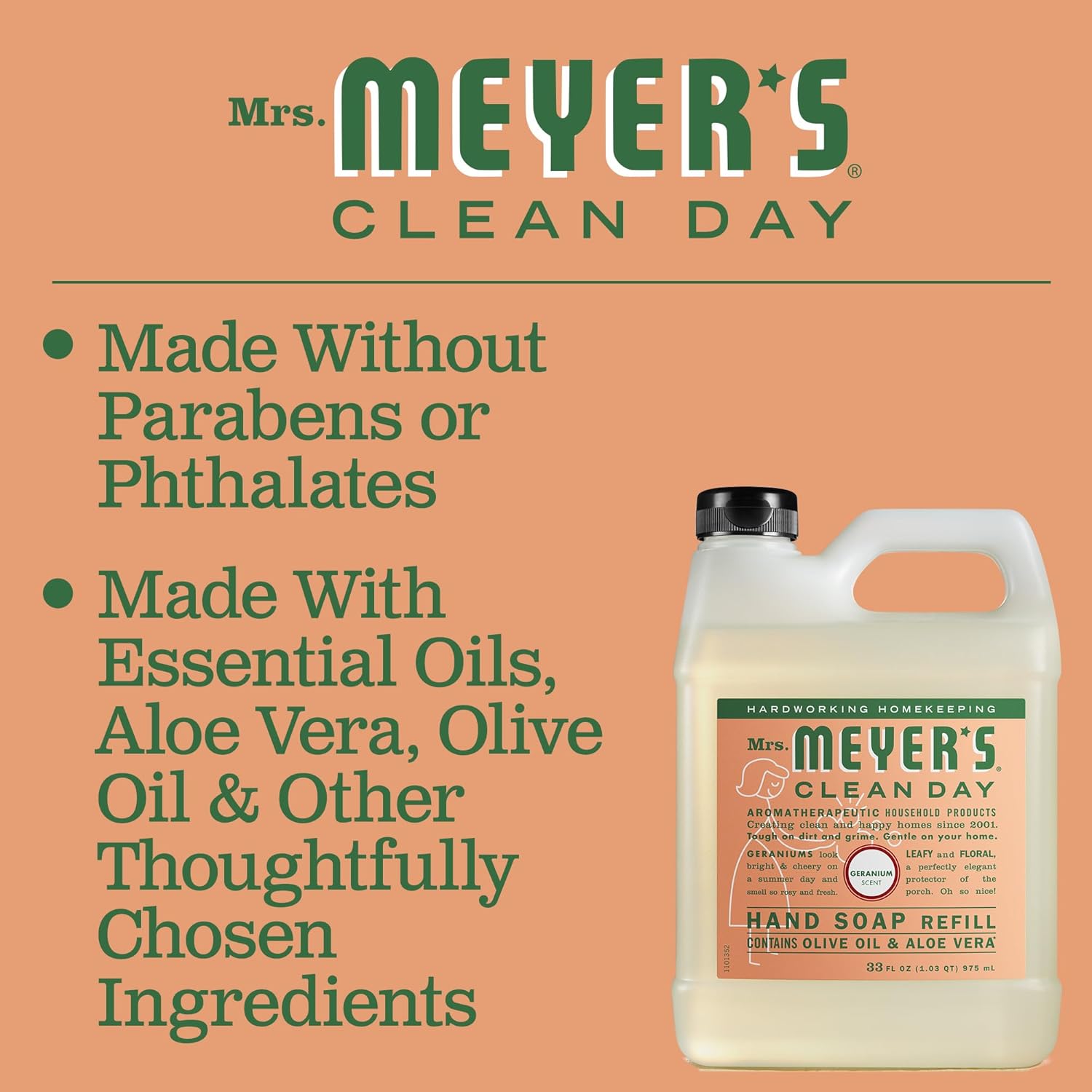 MRS. MEYER'S CLEAN DAY Liquid Hand Soap Refill, Cruelty Free and Biodegradable Formula, Lemon Verbena Scent, 33 oz