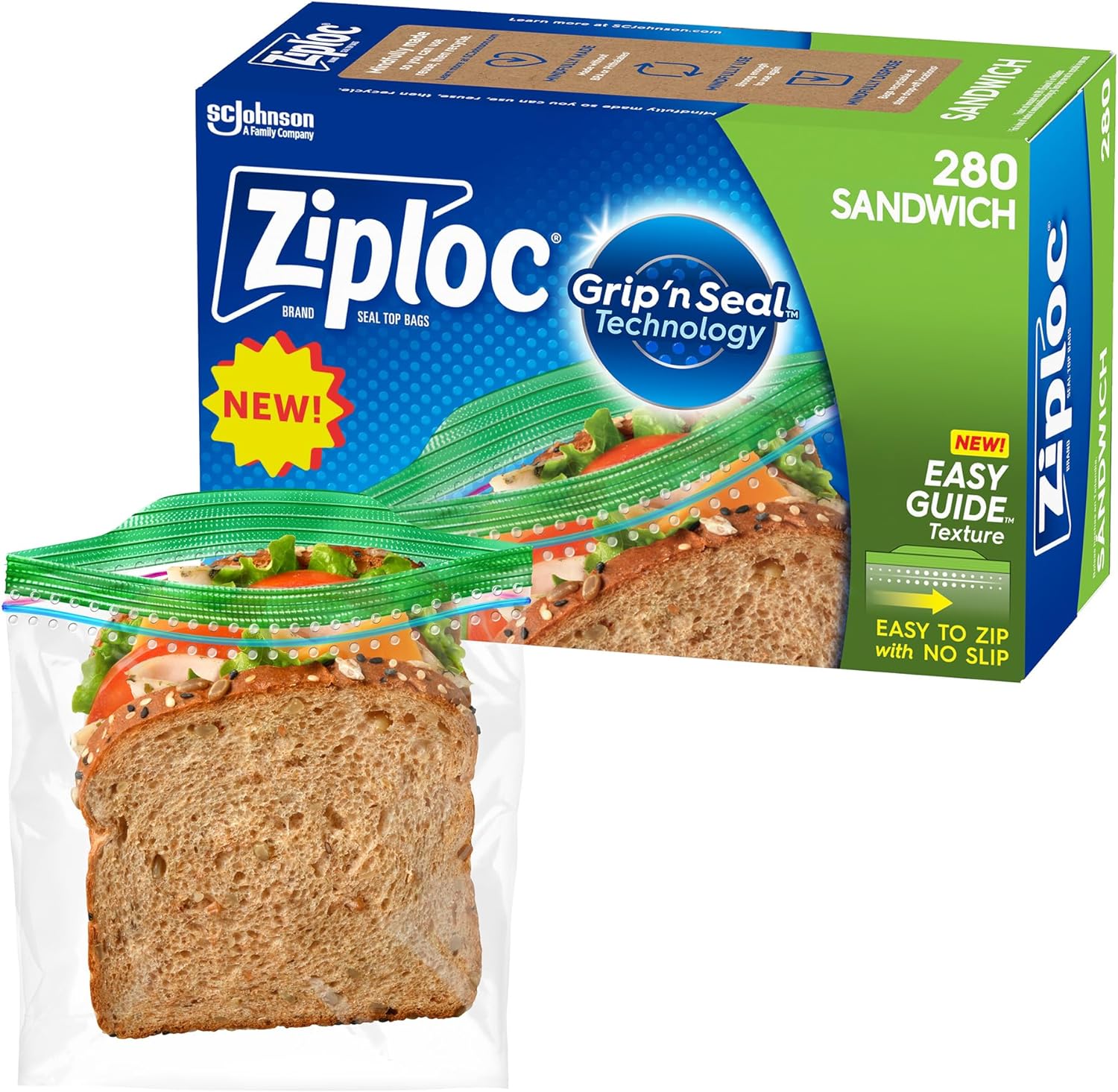 Ziploc Sandwich and Snack Bags with EasyGuide Texture, Plastic Storage Bags with Grip 'n Seal Technology, 280 Bags Total