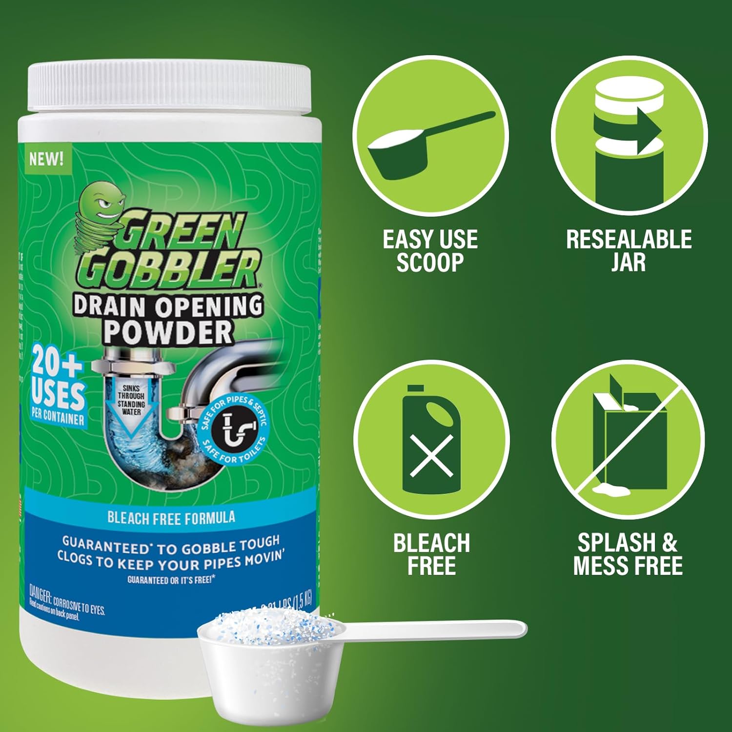 Green Gobbler Drain Clog Remover & Drain Cleaner Powder | 20+ Treatments | Drain Maintenance Breaks Down Grease, Paper, Fat & Oil | Septic Safe