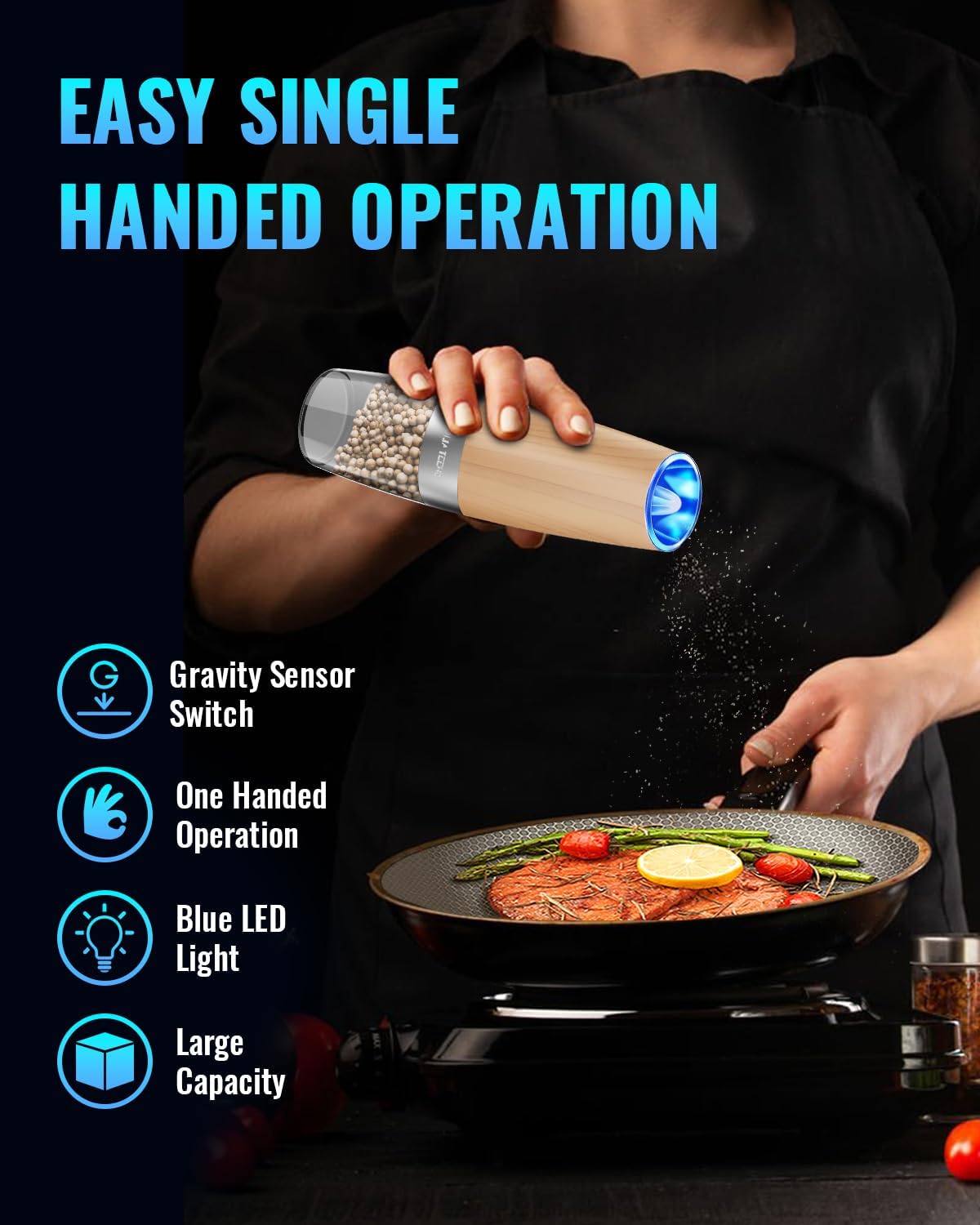 Sweet Alice Gravity Electric Pepper and Salt Grinder Set, Adjustable Coarseness, Battery Powered with LED Light, One Hand Automatic Operation, Stainless Steel Black, 2 Pack