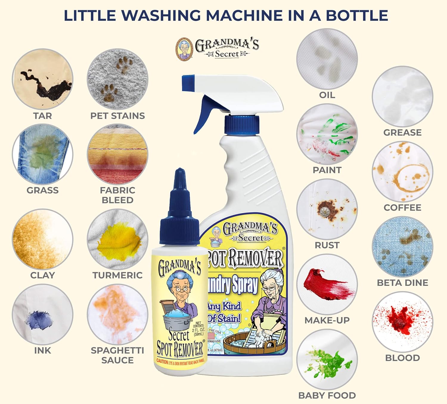 Grandma's Secret Spot Remover Laundry Spray - Chlorine, Bleach and Toxin-Free for Clothes - Fabric Stain Remover Removes Oil, Paint, Blood and Pet Stains - 16 oz & 2 oz Combo, DuoPack