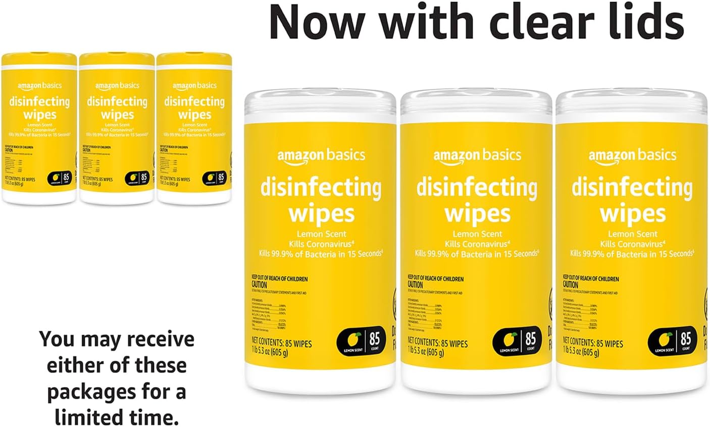 Amazon Basics Disinfecting Wipes, Lemon & Fresh Scent, Sanitizes, Cleans, Disinfects & Deodorizes, 255 Count (3 Packs of 85)