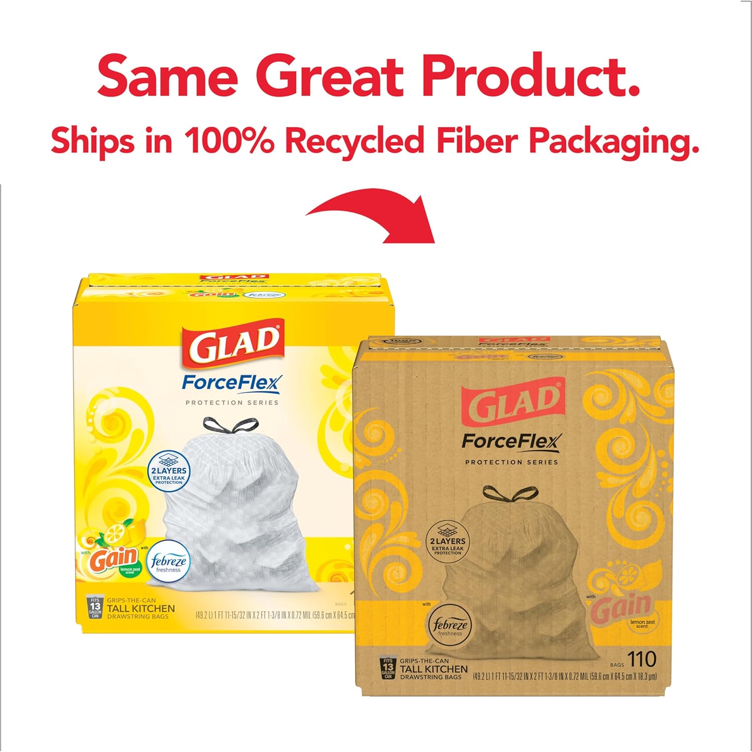 Glad Tall Kitchen Drawstring Trash Bags - Odorshield 13 Gallon White Trash Bag, Febreze Fresh Clean, 110 Count