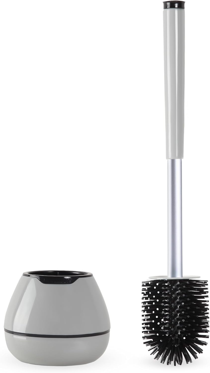 BOOMJOY Toilet Brush and Holder Set, Silicone Toilet Bowl Cleaner Brush, Bathroom Cleaning Bowl Brush Kit with Tweezers, Bathroom Accessories with Aluminum Handle - White