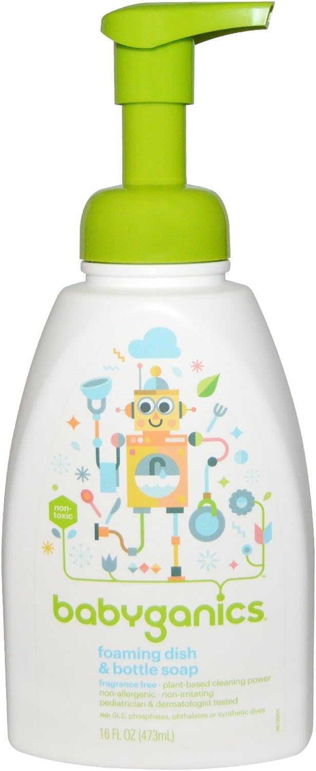 Babyganics Foaming Dish & Bottle Soap, Pump Bottle, Fragrance Free, Plant-Derived Cleaning Power, Removes Dried Milk, 16 Fl Oz, (Pack of 3), Packaging May Vary