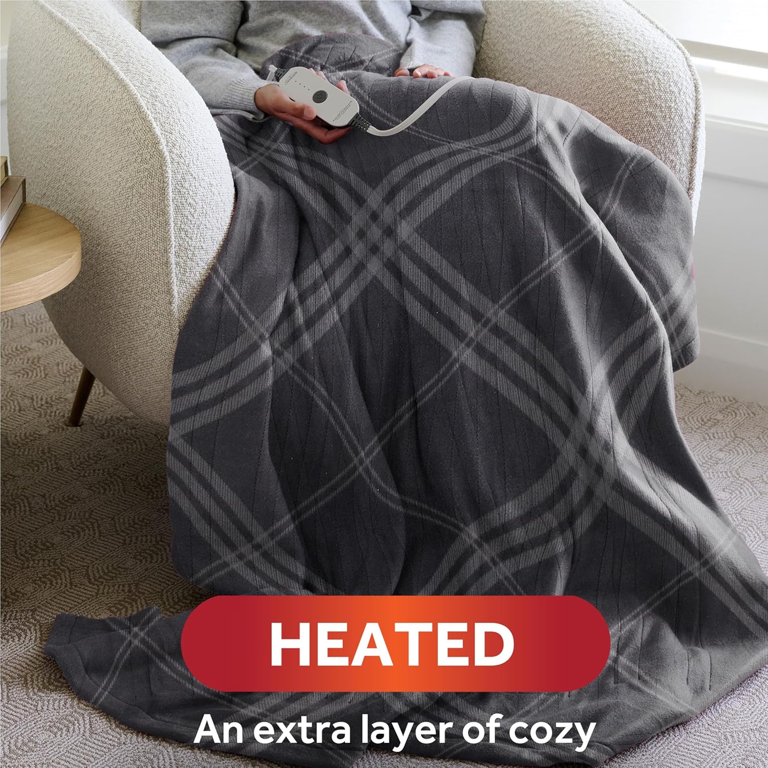 Sunbeam Royal Ultra Rodeen Blue Plaid Heated Personal Throw / Blanket, Cozy-Warm, Adjustable Heat Settings